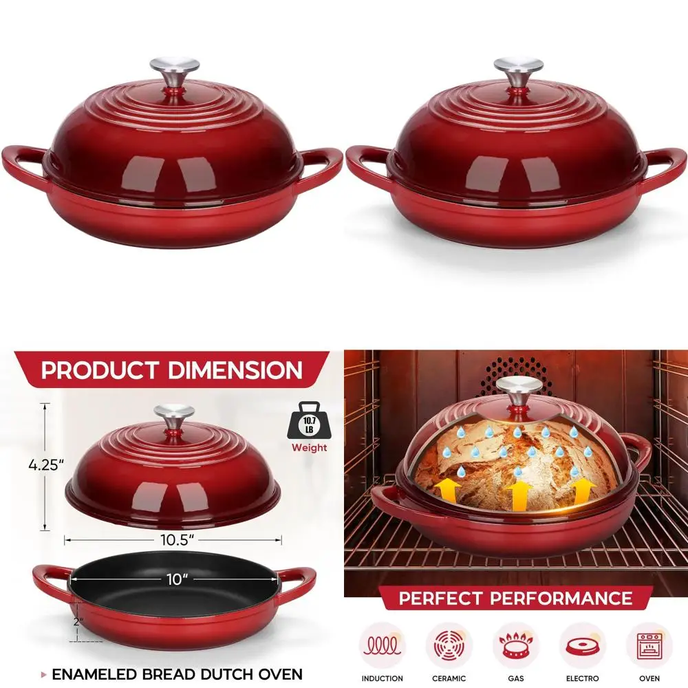 

6-литровая круглая эмалированная чугунная голландская духовка для хлеба на закваске, матовая черная внутренняя часть, безопасная в духовке до 500 ° F, Красный