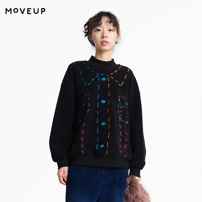 MOVEUP Loose Long Sleeved High Neck Sweatshirt Winter Plush Colorful Embroidered Warm Commuting Women's Pullover 3EWD11490