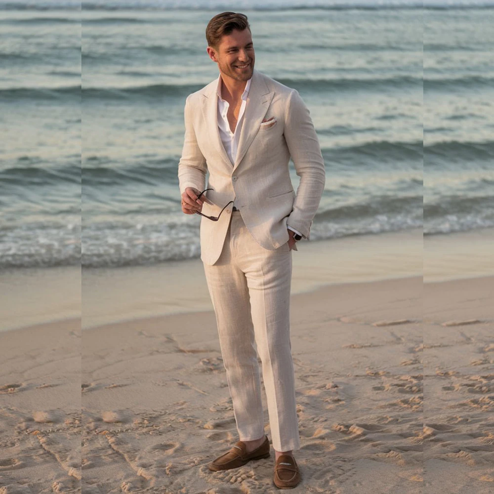 

Classic Linen Men's Suits Peak Lapel One Button Male Blazer with Pant Sets Beach Wedding Business Office Daily 2 Pieces Set