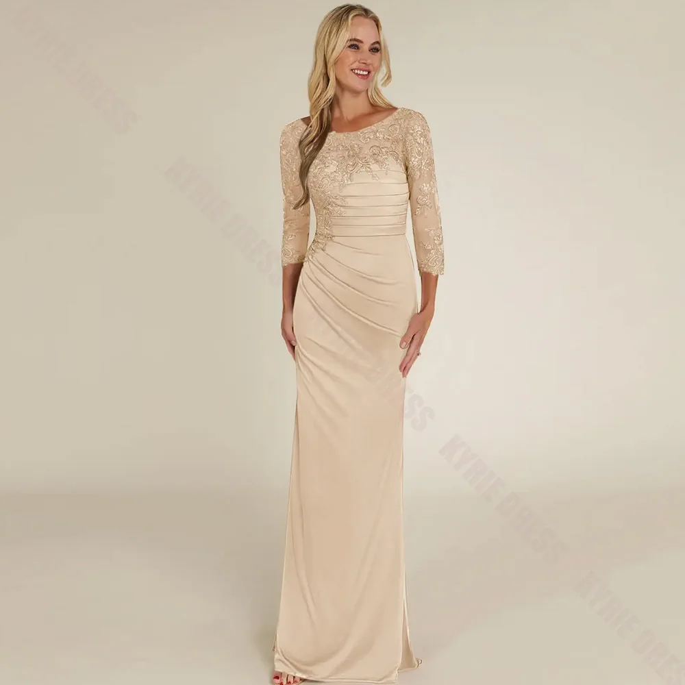 Customized Mother of The Bride Dress 3/4 Sleeves Scoop Neck Lace Applique Column Chiffon Woman Wedding Guest Gown Party Dresses
