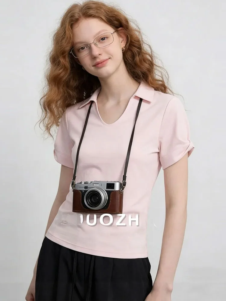 

Футболка ZhuoZhi с коротким рукавом и V-образным вырезом, розовая, женская, летняя, новый стиль, нежный французский шик, стандартный крой, однотонная