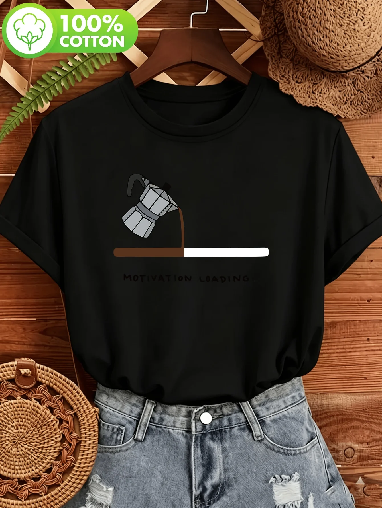 Coffee Theme Fun Slogan T-shirt MOTIVATION LOAD Funny Vitality Women's Casual Style Simple Round Neck Comfortable Short Sleeve