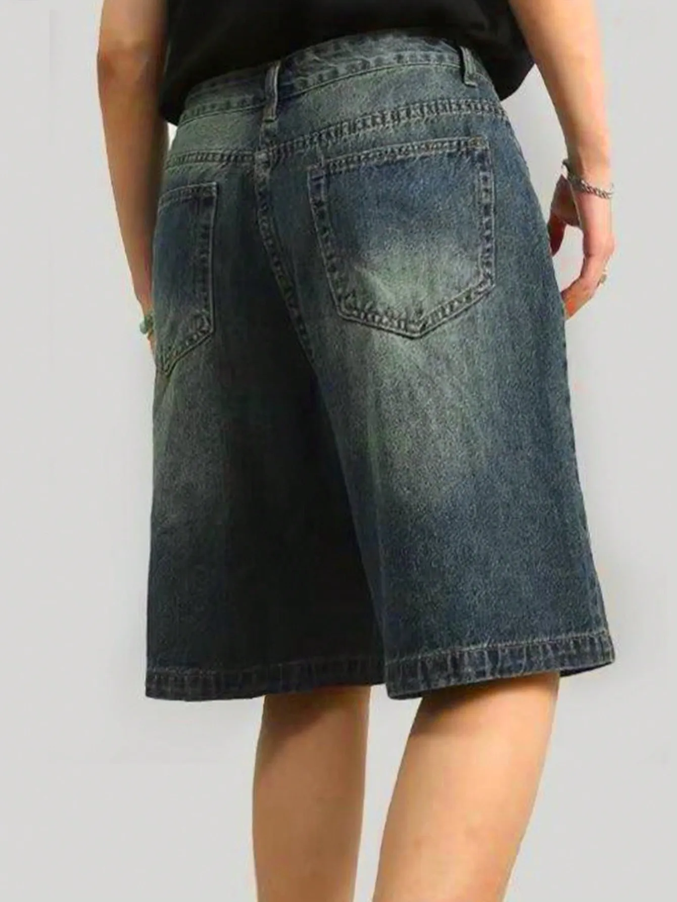 Y2K Street Vintage Washed Asymmetrical Pocket Seam Detail Whiskered Wide Leg Bermuda Jeans Denim Jorts Shorts