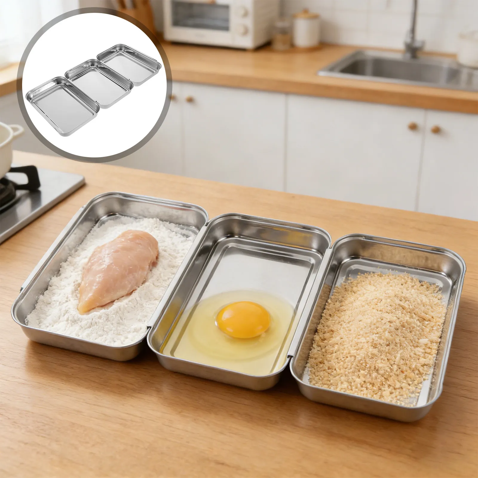 Juego de 1 bandeja de acero inoxidable para rebozar, bandejas apilables entrelazadas para preparación de alimentos, para marinar pollo, carne, harina, huevo y pan rallado