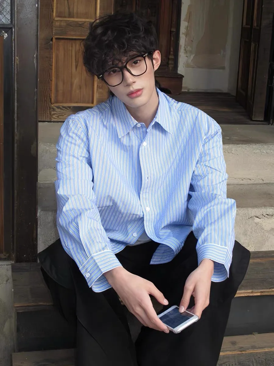 

American Style Cleanfit Blue White Stripes Long Sleeve Shirt Unisex Youthful Versatile Layering High End Feeling Casual Shirt