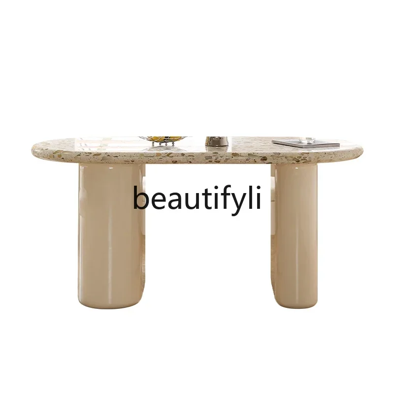 

French cream feng shui grinding stone dining table and chair combination household oval light luxury marble dining table
