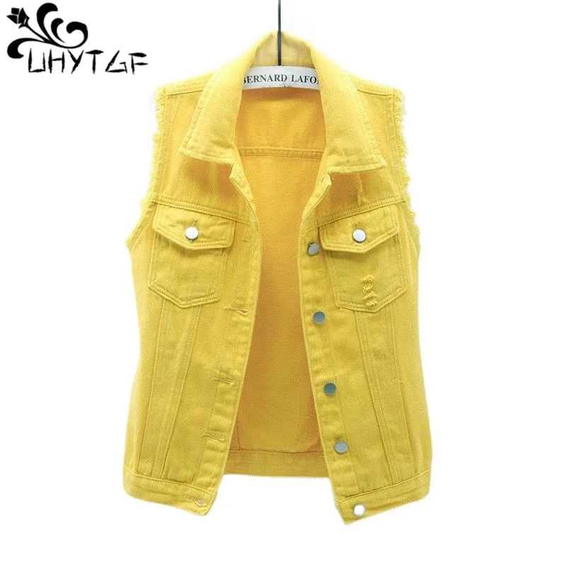 

UHYTGF Vest Women Fashion Hole Short Denim Jacket Female Single Breasted Sleeveless Spring Summer Jeans Waistcoat Womens 7XL 398