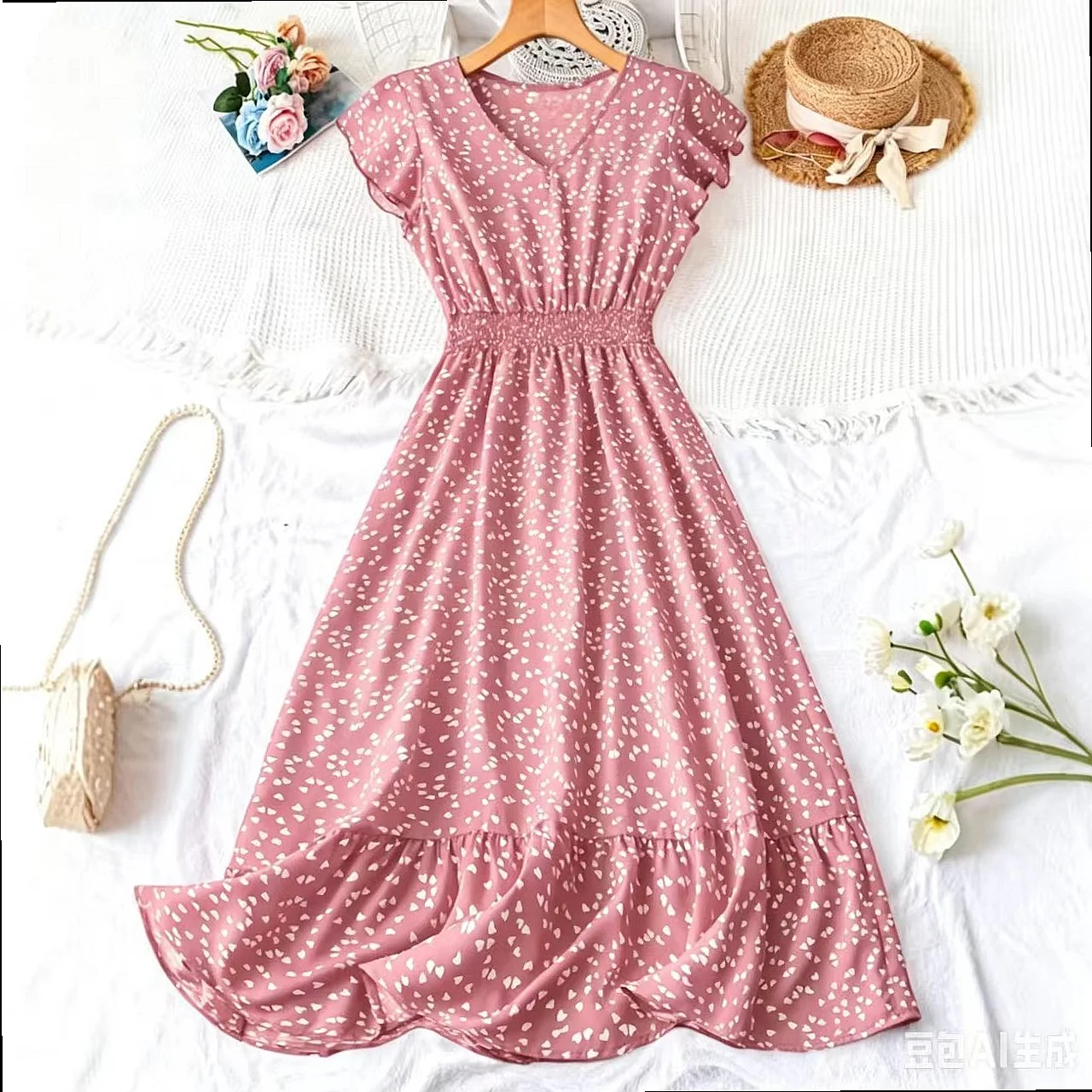 Elegant Women V Neck Ruffle Sleeve Print Dress, Summer Floral Dresses for Women, Fashion Overalls Jumpsuit Playsuit