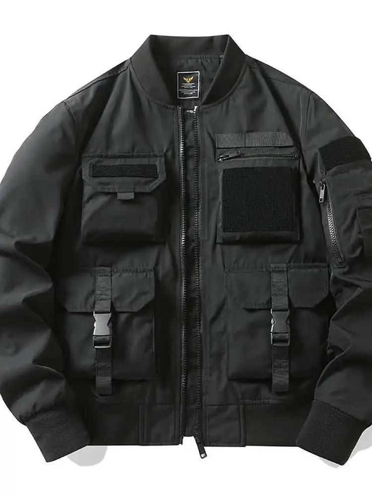

Мужская ветрозащитная куртка-бомбер в американском стиле с длинными рукавами, на молнии, с множеством карманов, для повседневной носки, в байкерском и бейсбольном стиле, модная верхняя одежда