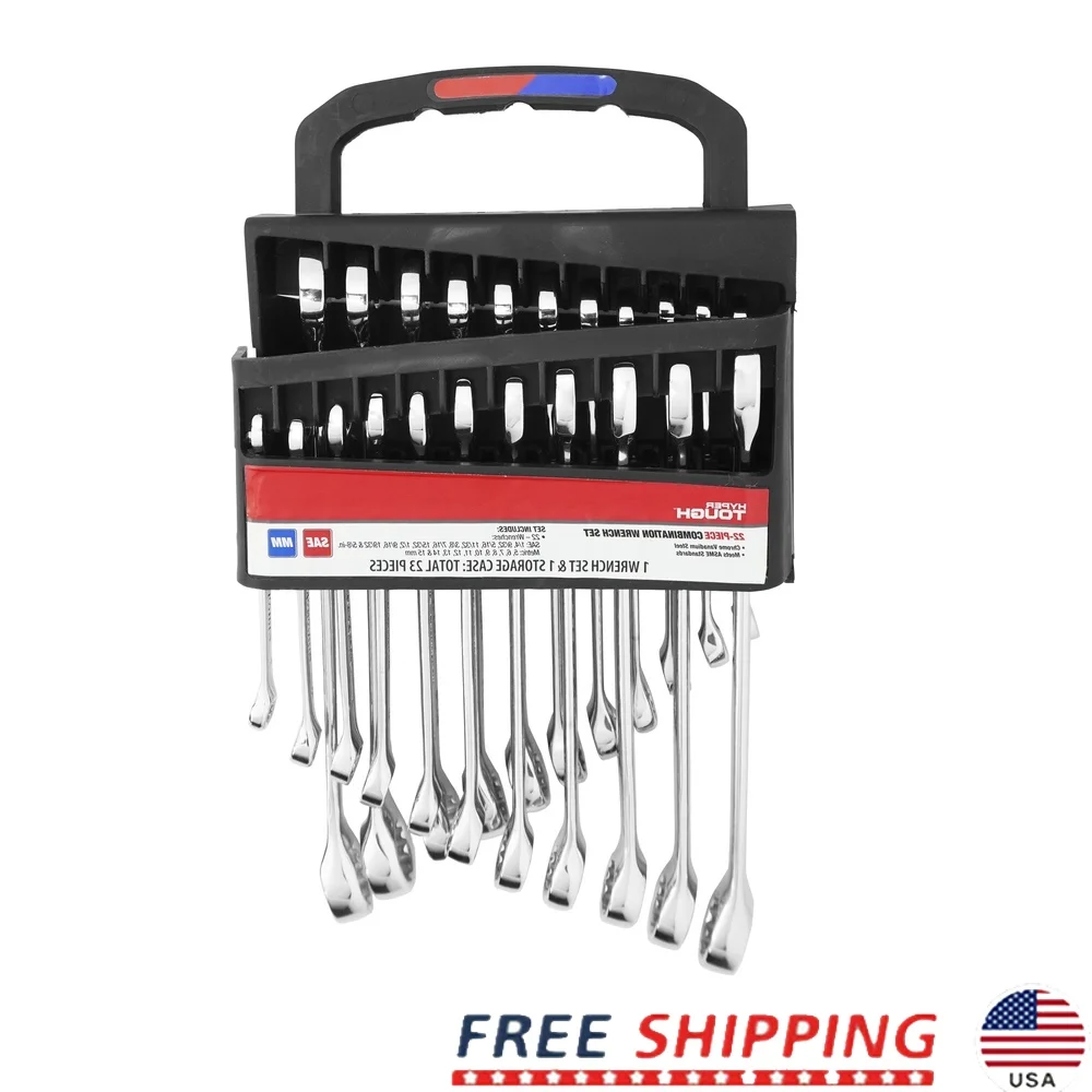 

22 Piece Wrench Set Combination Metric SAE Chrome Vanadium Steel Heat Treated Mirror Finish Portable Tool Box Professional
