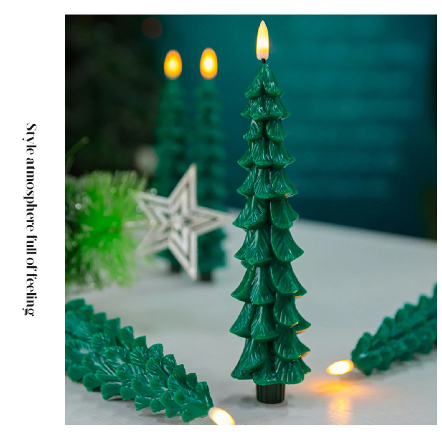 6pcs/2pcs Christmas Tree LED Flameless Candles Light with 3D Flame Wick Green LED Candlesticks Operated for Christmas Home Decor