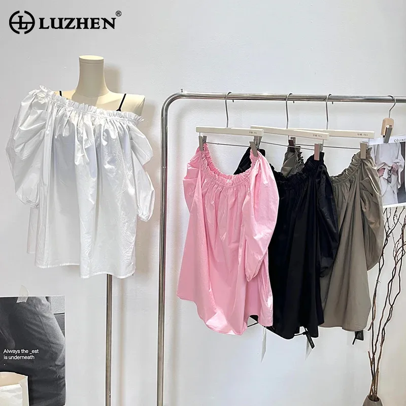 

LUZHEN Summer Fashion French Vacation Luxury Loose Puff Sleeve T Shirt Women's Asymmetric Pleat Design One Shoulder Tops AA1020