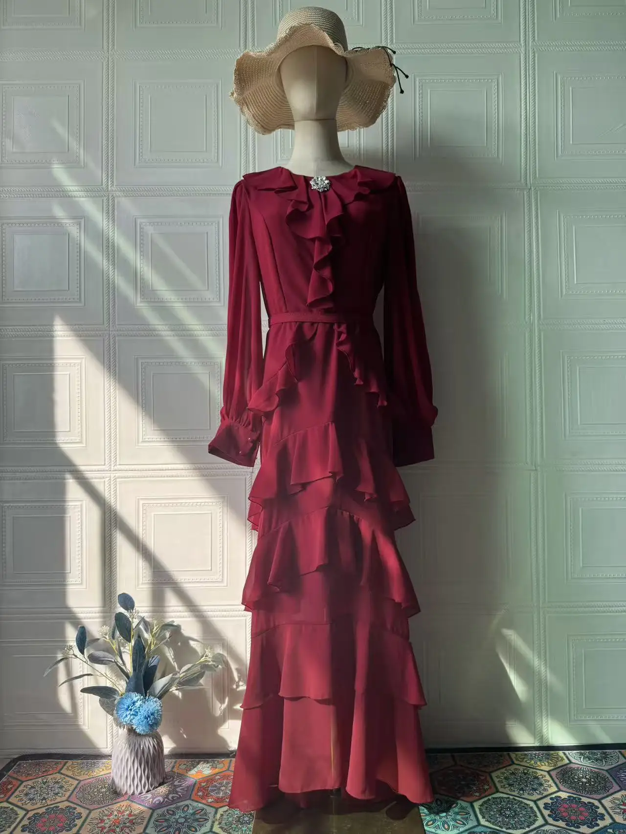 Elegant Solid Layered Ruffle Long Dress Women O Neck Long Sleeve Belt Chiffon Maxi Dress Autumn Wedding Guest Evening Party Robe