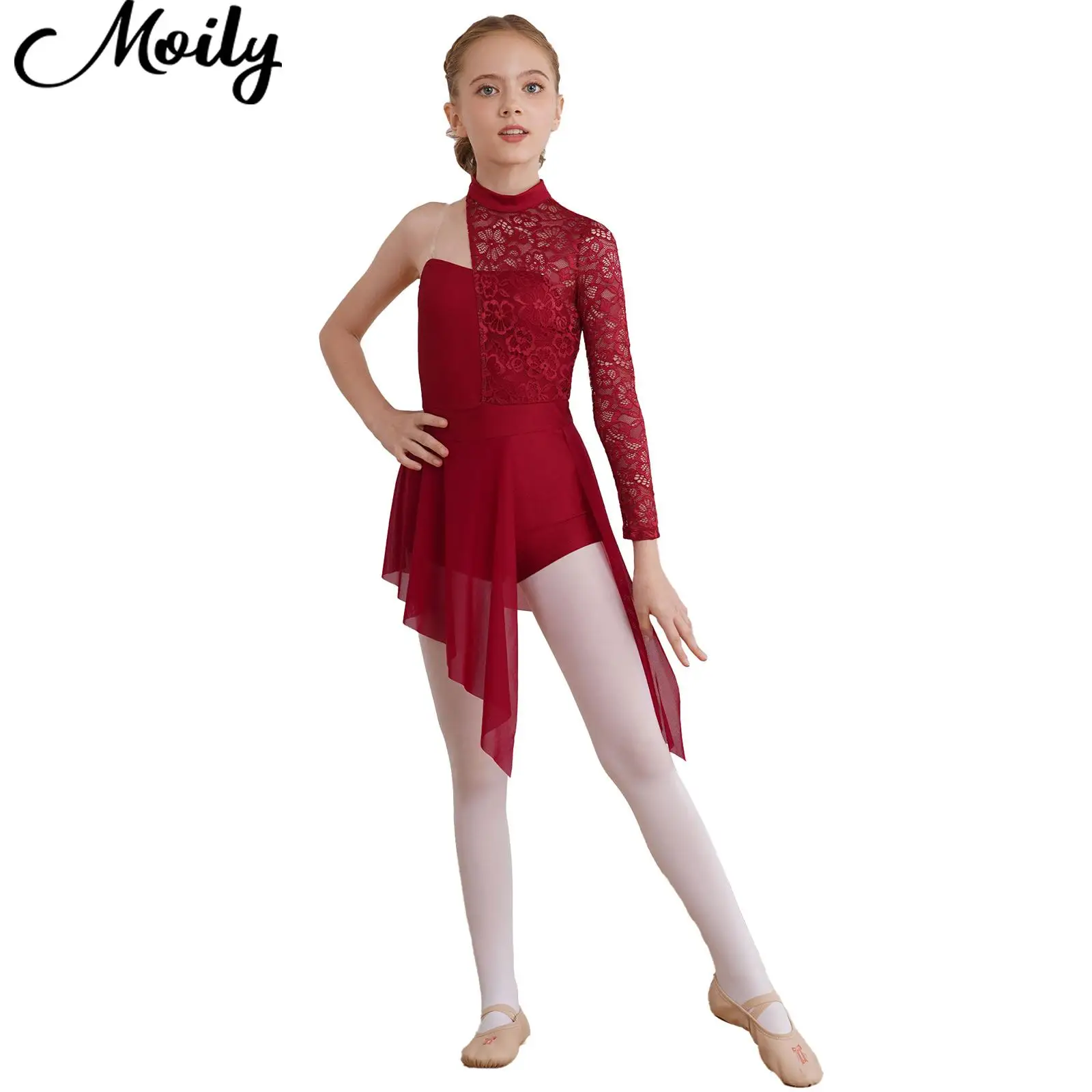 

Girls Lyrical Modern Dance Dress Kids One Shoulder Floral Lace Ballet Gymnastics Leotards Figure Skating Gym Performance Costume