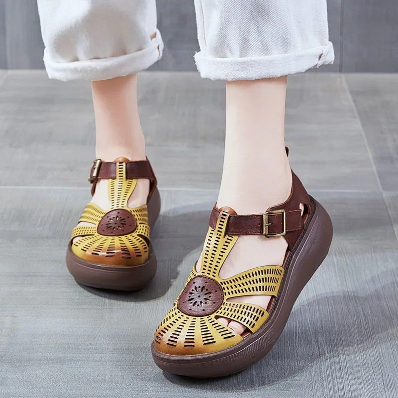 GKTINOO Genuine Leather Shoes Women Sandals Mixed Colors Retro Buckle Strap 2024 New Wedges Handmade Concise Platform Sandals