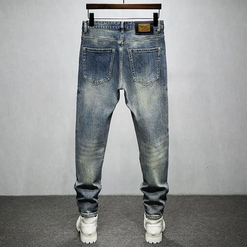 Street Fashion Men's Jeans Retro Washed Blue Elastic Slim Fit Split Patch Leather Jeans Men's Designer Hip Hop Jeans Pencil Pant