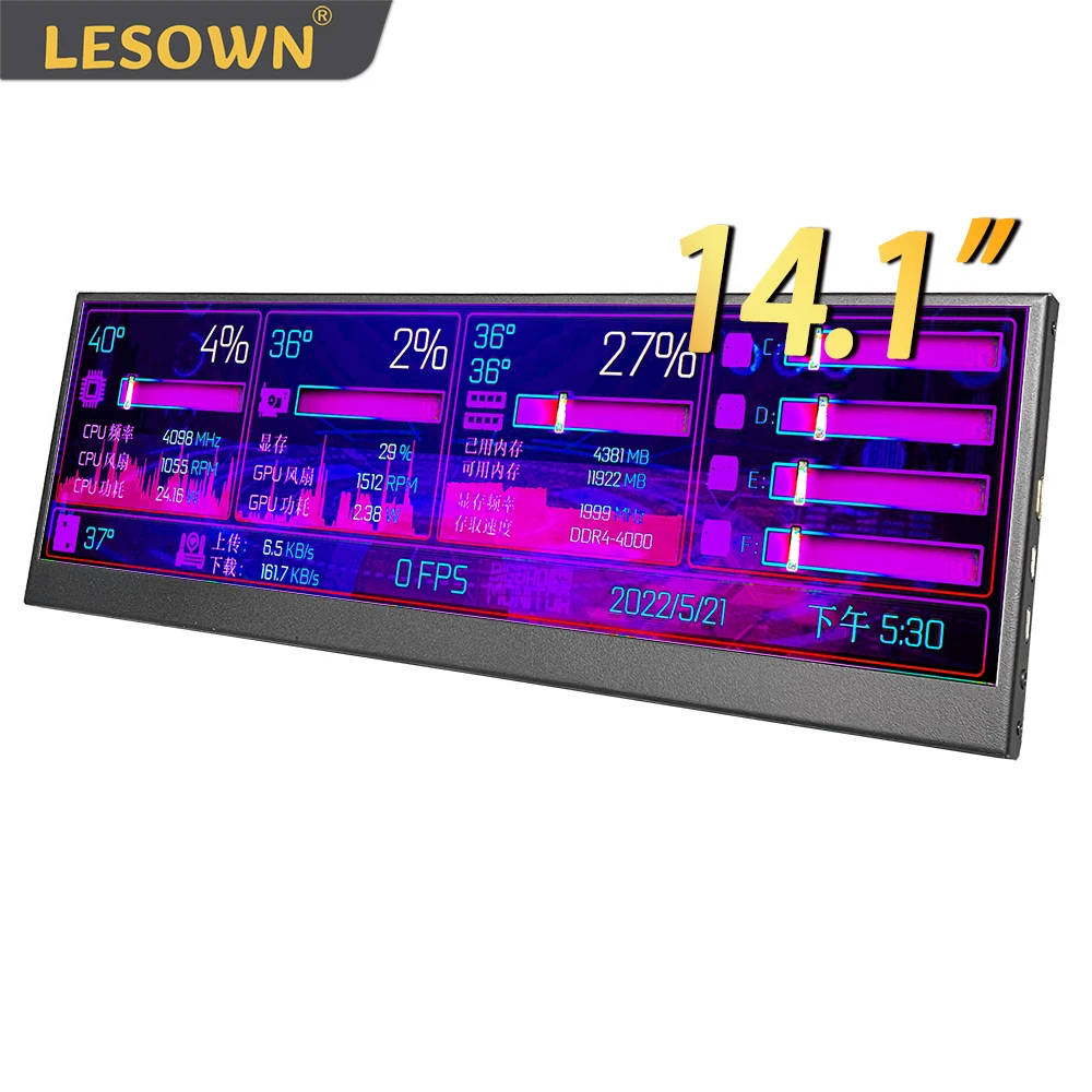 

LESOWN Bar Monitor 14.1 inch Touch Screen Small HDMI Portable Temp PC Sensor Panel Display IPS 1920x550 for Raspberry Pi Aida64