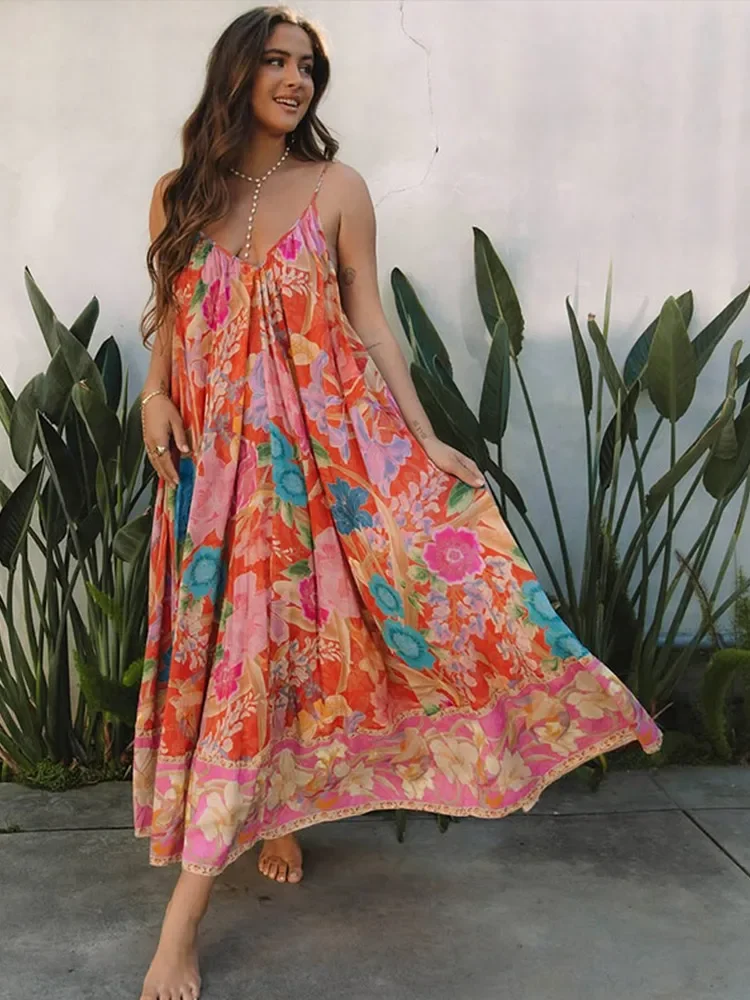 

2025 Spring Summer Sexy Backless Beach Dress Women Sleeveless Loose Print Long Female Dresses Vacation Fashion V-neck Lady Robe