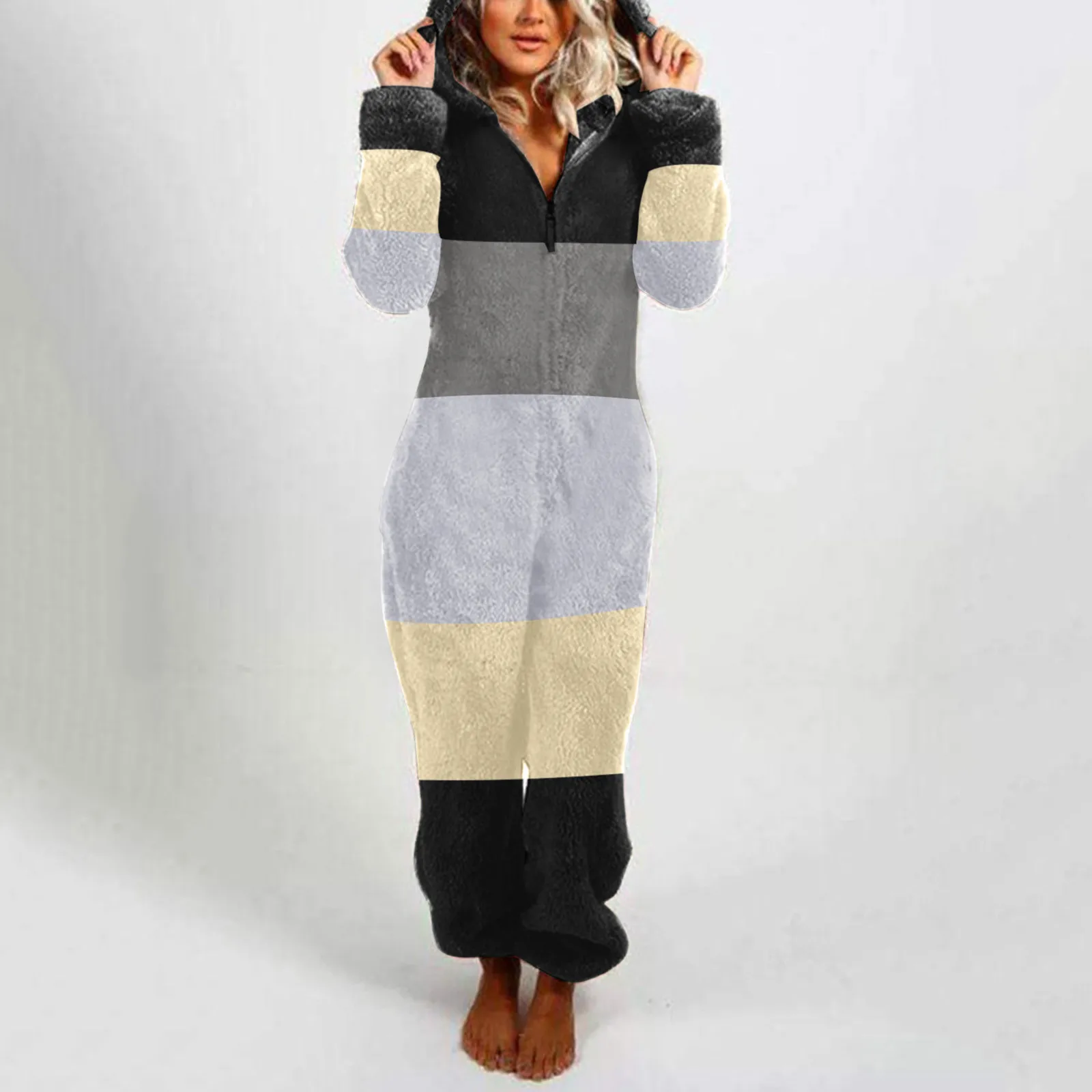 Plus Patchwork Zipper Onesies for Women Fluffy Fleece Hooded Pajamas for Women Winter Warm Plush Sleepwear Loungwear Jumpsuits