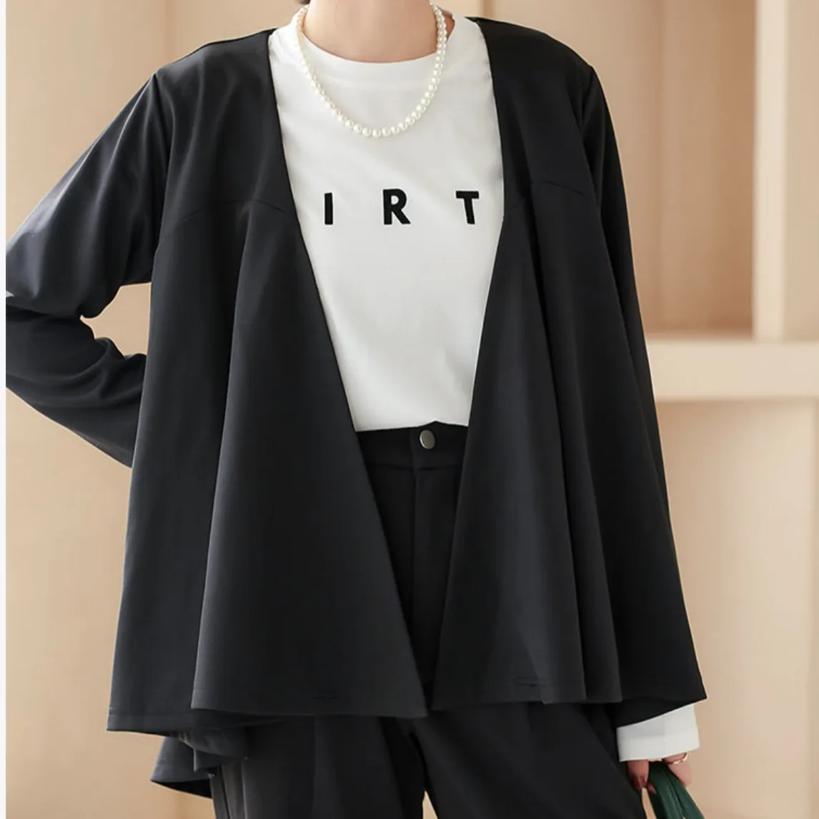 

Lotte Autumn Ele Commute Color Splicing Jaet Women's Large Version ort Front Long Ba Top Polyester Fiber
