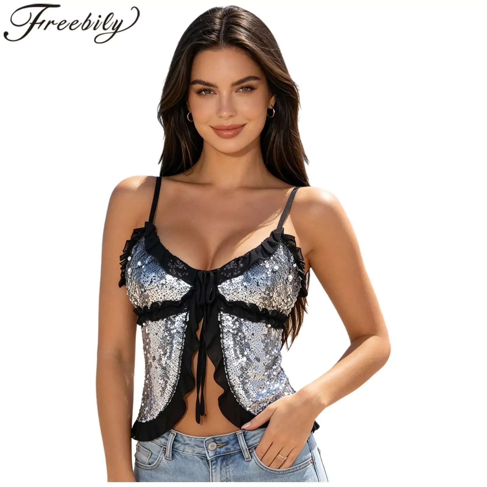 

Women Disco Y2k Camis Shiny Sequin Camisole Crop Top Ruffled Trim Lacing Open Front Adjustable Spaghetti Straps Sling Top