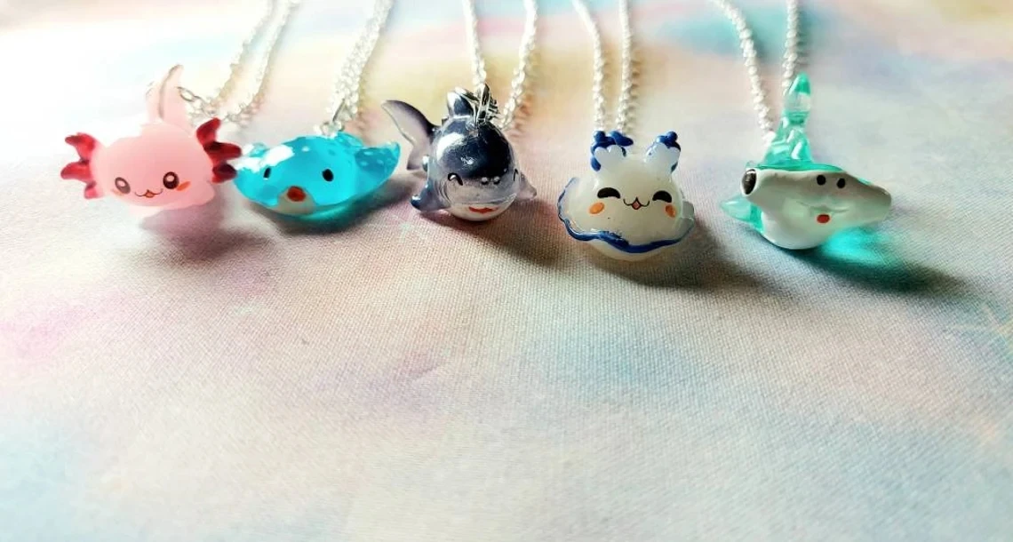 Sweet Sea Creature Necklace Miniatures Axolotl Resin Charm Pendant Necklace Jewelry  Birthday Gift Axolotl Kawaii