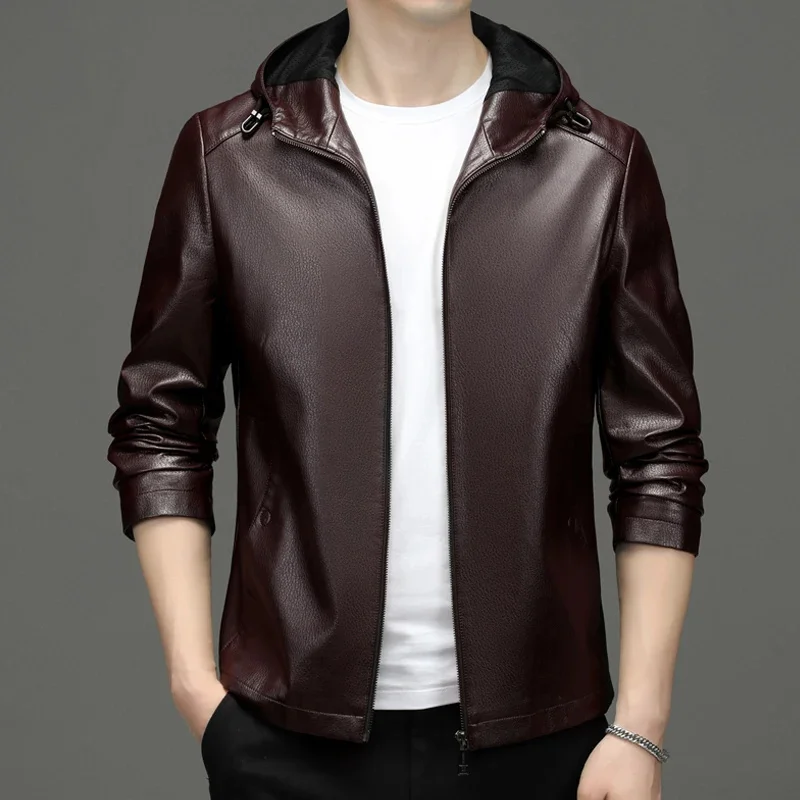 and Spring Autumn New Haining Genuine Leather Clothes Men's Casual Thin Hooded Jacket High-End Fleece-Lined Korean Style Coat