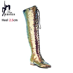 Women Sexy Long Black Boots Autumn Winter Low Heel Party Shoes Shiny Sequined High Heels Lace-up Over the Knee Boots Large Size