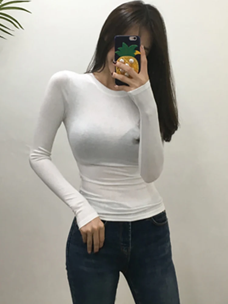 T Shirt Korean Style Slim T-shirts 2024 Sexy Tshirts Cotton Long Sleeve Summer Tops Tee Shirt Femme Khaki Blue White Black