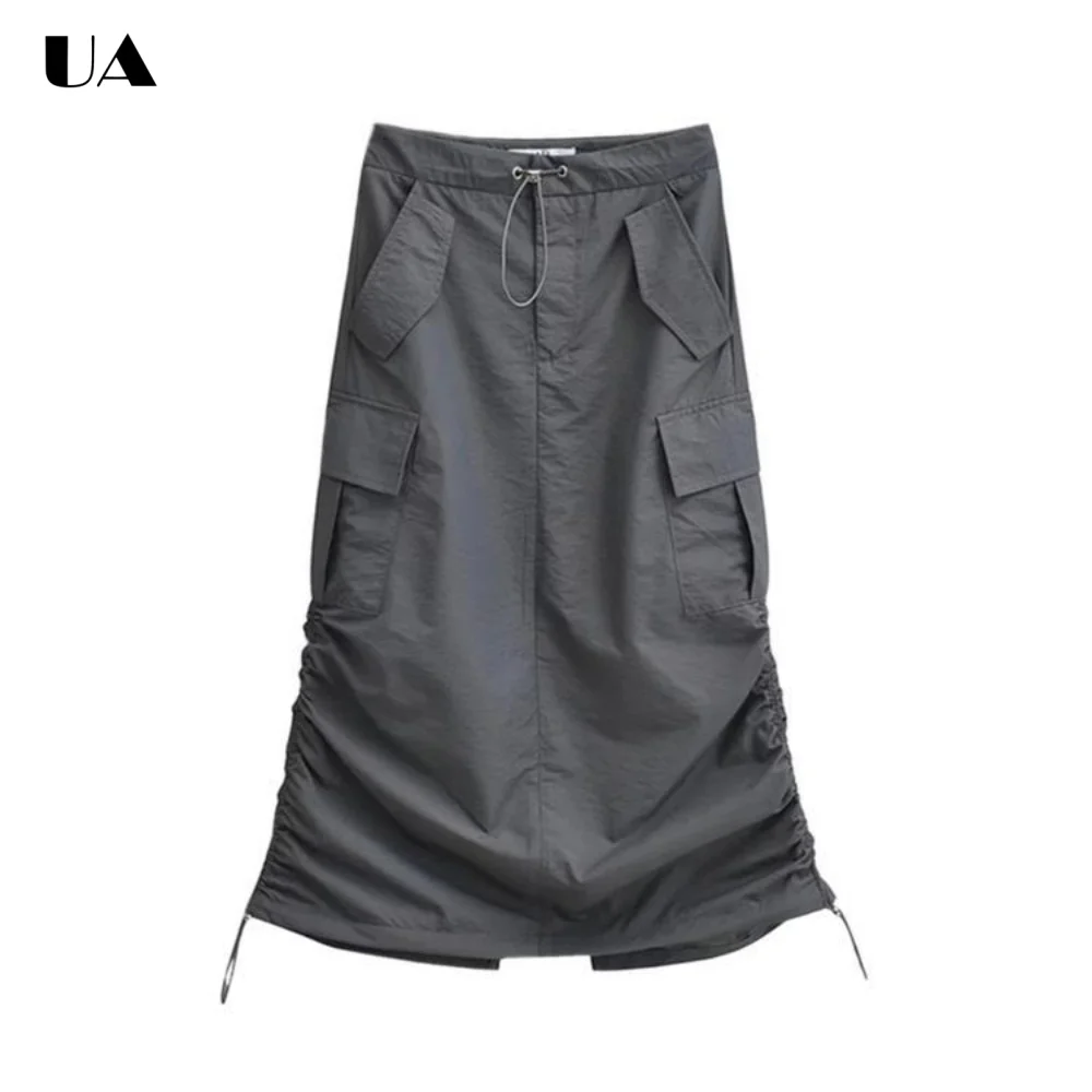 Safari Style Shirring Mid-calf Skirt for Women, Sweet&Edgy Multi-pocket Unique Skirts, Streetwear Empire Slit Women's Skirts
