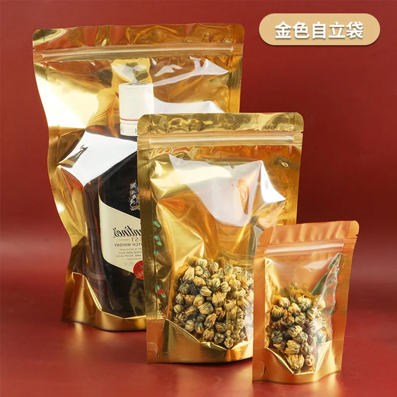 

50PCS One Side Clear Gold Stand-Up Foil Packaging Bags with Zipper - Moisture-Proof Storage for Coffee, Snacks, Tea& Crafts DIY