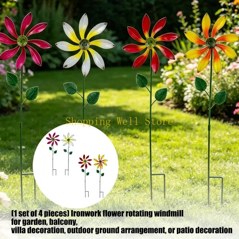 KX4B 4lots Rotating Flower Wind Spinner Durability Weatherproofed Windmill Decorative Stakes For Patios And Backyard Decoration