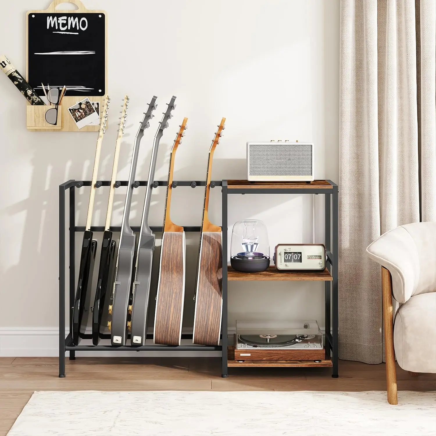 Guitar Stand for Acoustic and Bass Guitars, with Side Shelves and Non-Slip Pads, Rustic Brown GSHR9701V1 - Detail 1