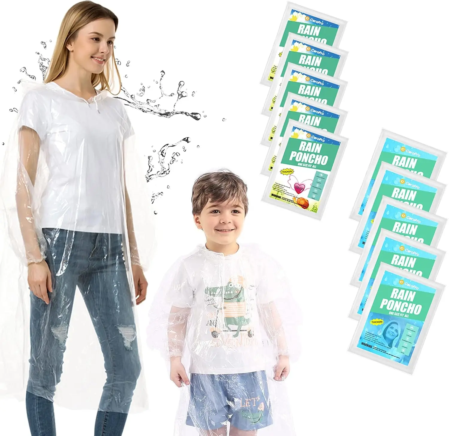 

Disposable Rain Ponchos Family Pack 10 Pack with Hood for Adults and Kids Emergency Use