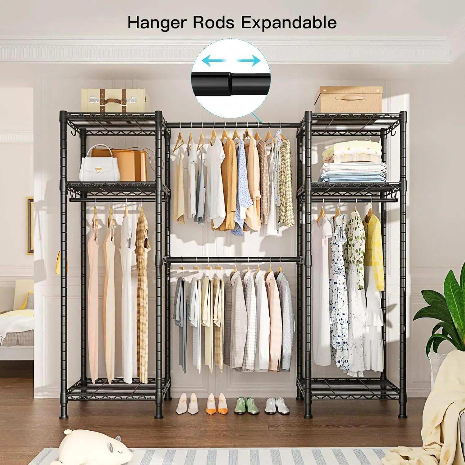 Ulif E7 Garment Rack, Heavy Duty Clothes Storage System With Extendable Hangers Rods, Metal Clothe Rack With 6 Wire Shelves,