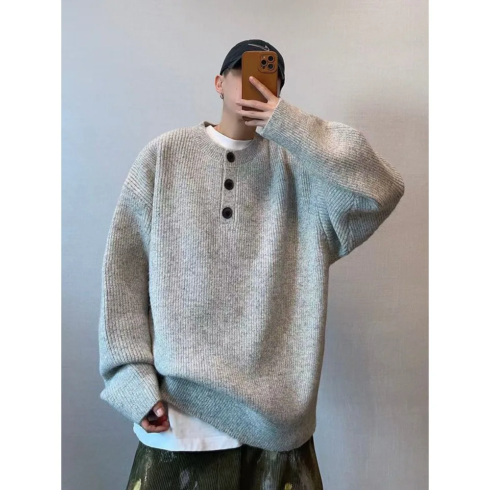 

ay American Henry Collar Sweater Men's Lazy Sle High-End Long Sve Knitted Outerwear Autumn Winter plus Size 250 Pou