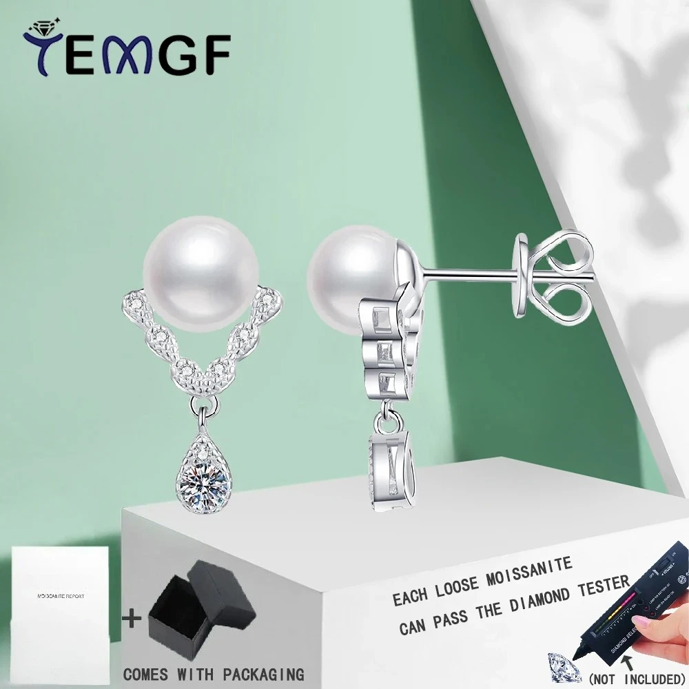 

TEMGF 1 Pair Pearls Ear Studs Full Moissanite Drop Earrings 100% S925 Sterling Silver Fine Jewelry for Women Girl Fashion Item
