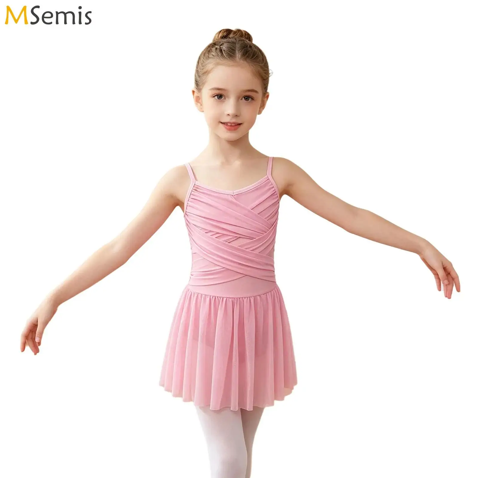 

Детское платье-комбинезон для девочек с драпировкой спереди и сетчатой юбкой для балета и лирических танцев, танцевальный костюм-туту для выступлений