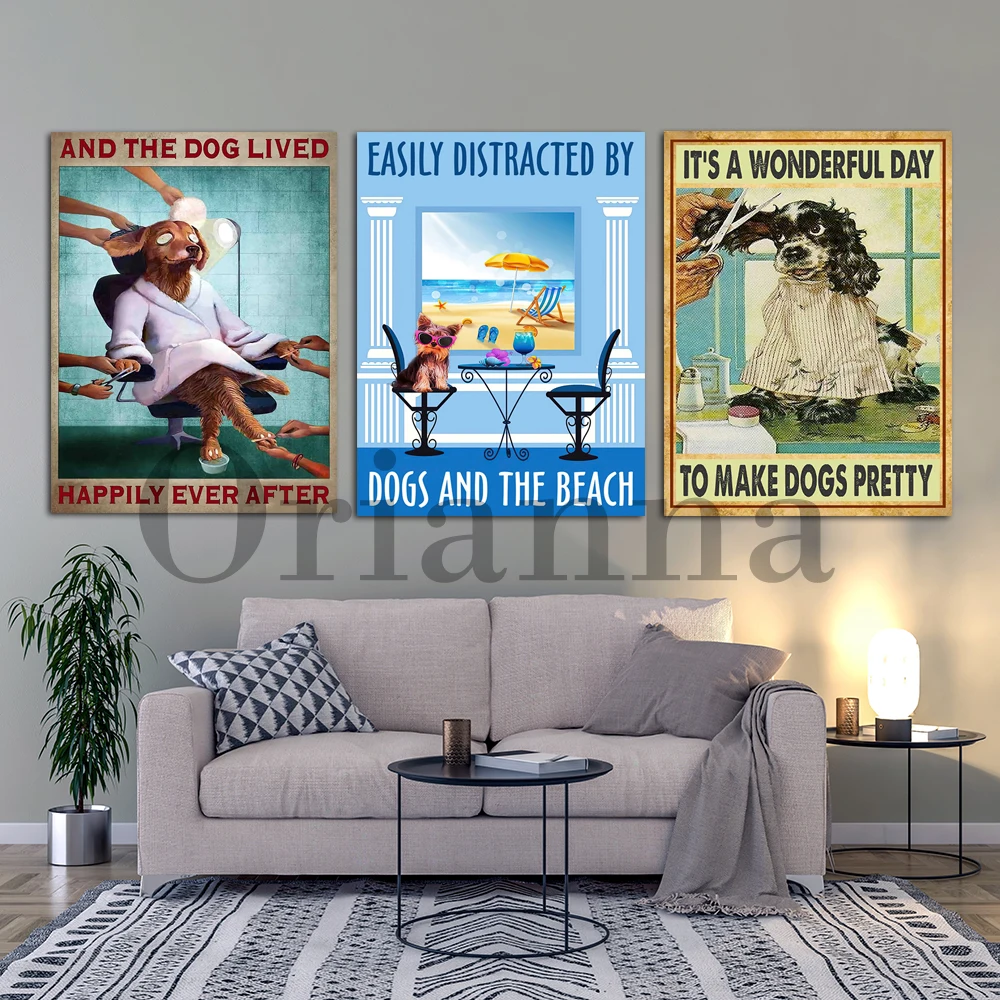 Dog Grooming Vintage Poster, Dog Grooming Spa Decor, Pet Salon Decor, And The Dog Lived Happily Ever After Beach Wall Art Print