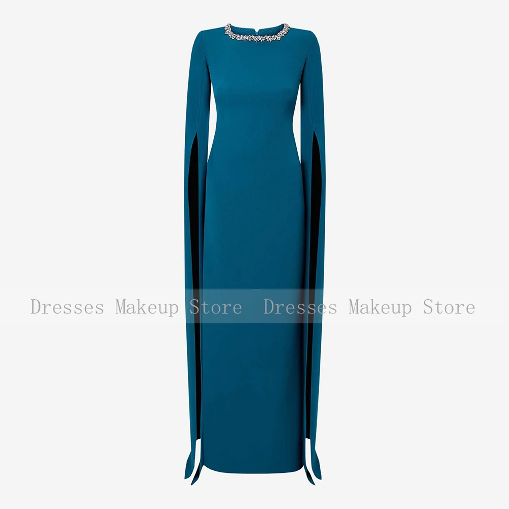 Elegant Wedding Guest Dresses for Women 2025 Lake Blue Cloak Sleeves Formal Party Gowns Long Column Crystal O Neck Evening Dress image 5