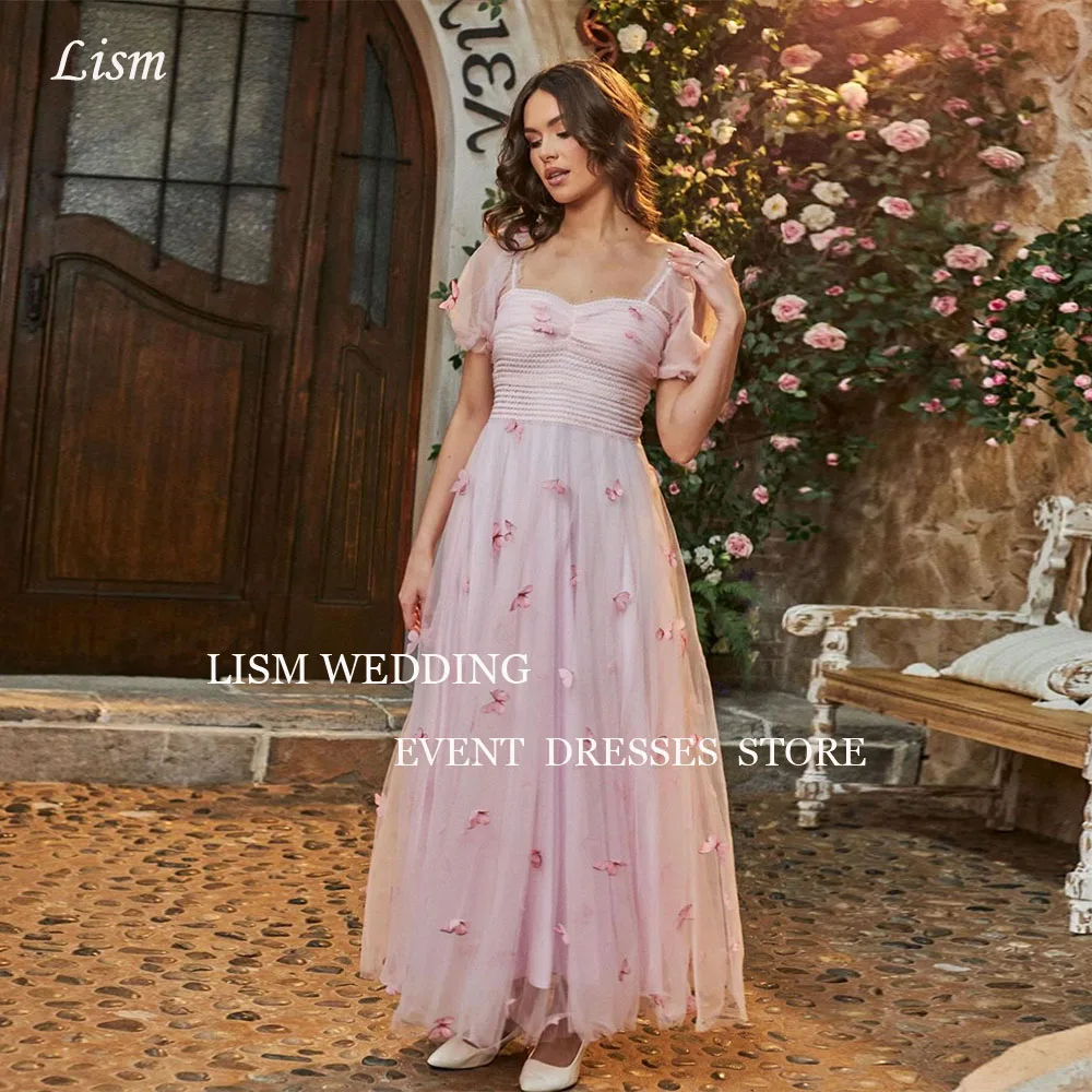 

LISM Princess Pink Prom Gown A-line Draped Sweetheart Short Sleeves Evening Dresses Butterfly Appliques Party Dresses