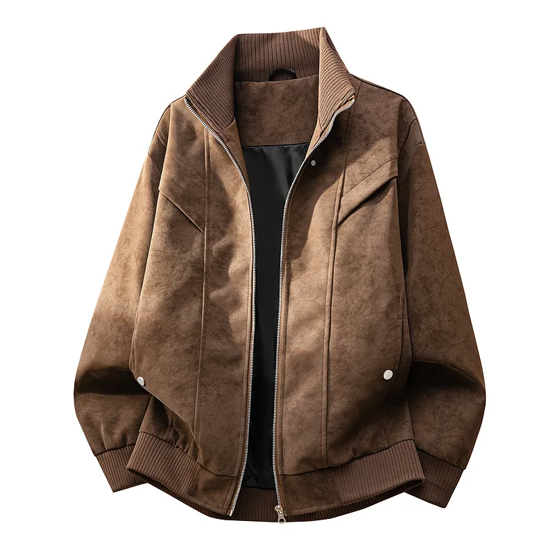 Versatile PU Suede Men's Jacket Loose Hong Kong Style High Street Coat Spring Autumn Stand Collar Leather Jacket for Men