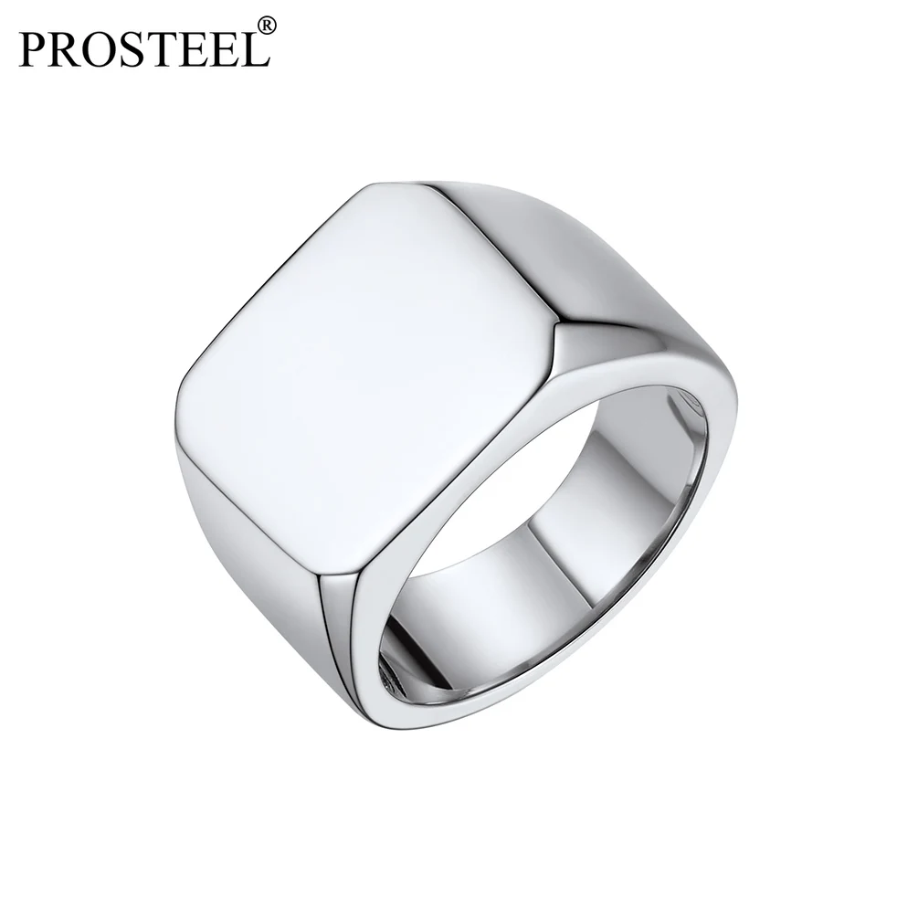 PROSTEEL Chunky Engagement Ring Customized Engraved Stainless Steel Mens Boys Square Band Ring Gift Gold/Black Plated PSR4627