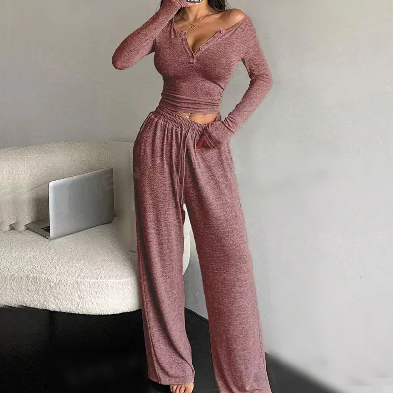 

Spring autumn solid slim Pajamas Homewear Set Long-Sleeve tops and long pants sexy V-Neck button Two-piece Pj Sets sleepwear y2k