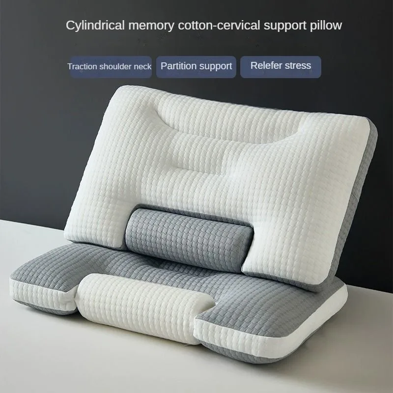 New Cylindrical Memory Cotton Orthopedic Cervical Pillow to Sleep for Adults With Slow and Deep Support Rebound Traction Neck