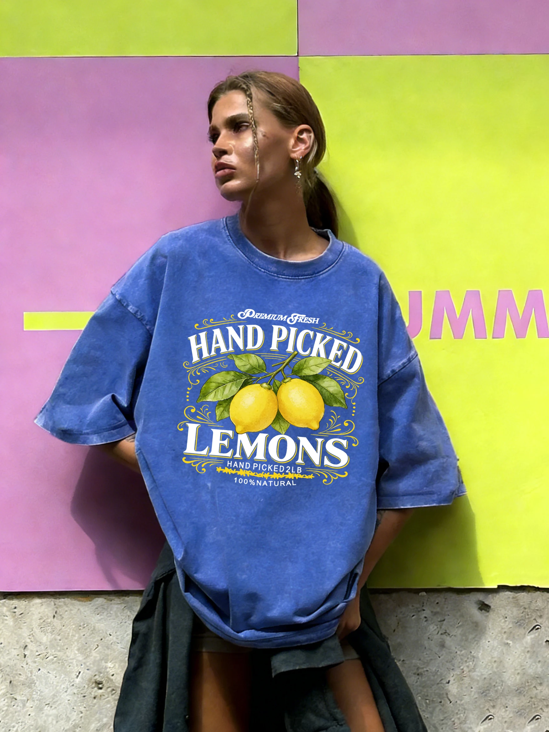 Hand Picked Fresh Lemons Print Women Washed T-Shirt O-Neck Casual T Shirts Cotton Breathable Clothes Summer Loose Short Sleeves