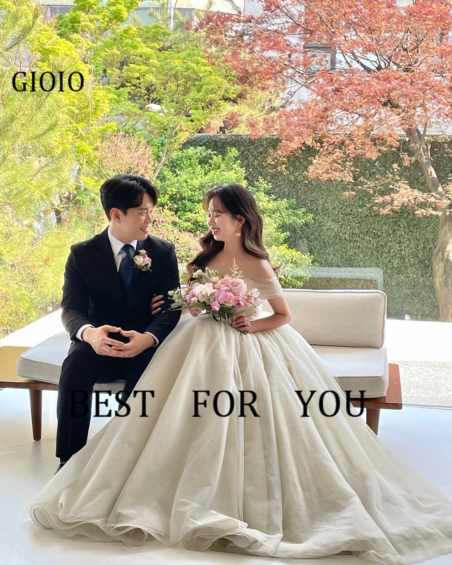 GIOIO Sweetheart Korea Garden Evening Dresses Pleat Long Sleeves Formal 프롬드레스 Floor Length Elegant Prom Growns Party Women Bride