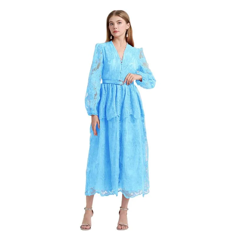 Vestido Longo de Aodão com Decote em V e Camadas Duplas, Estilo de Rua, Cintura Ajustável, Vestido de Renda de Alta Cintura