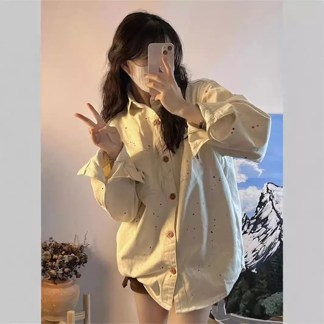 Camicia di jeans Cappotto Giacca da donna con stampa monopetto Tasche con colletto rovesciato Lavato Streetwear Top Overshirt 2025 Autunno