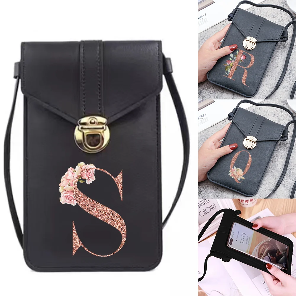 

Rose Gold letter Mobile Phone Touch Screen Bag For iPhone Huawei Samsung Ladies Purse Large Travel Card Holder Passport Cover